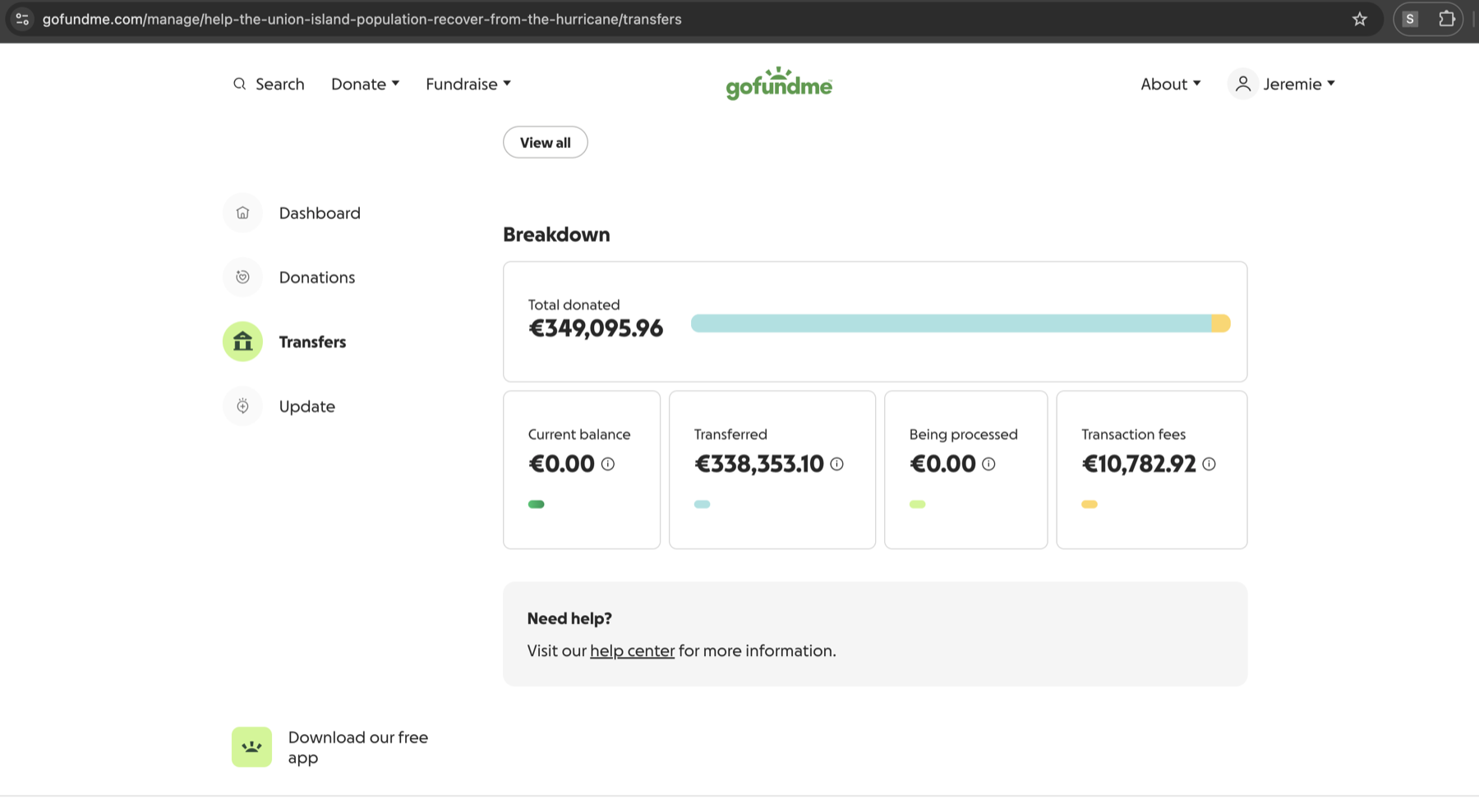 GoFundMe transfer dashboard screenshot showing €349,095.96 donated, €338,353.10 transferred, €10,782.92 in transaction fees, and €0.00 current balance.